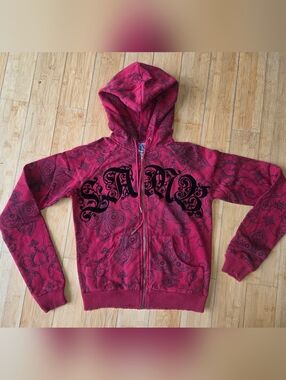 L.A.M.B By Gwen Stefani Red Group Fleece Zip-Up Gothic Hoodie with Black Flock S